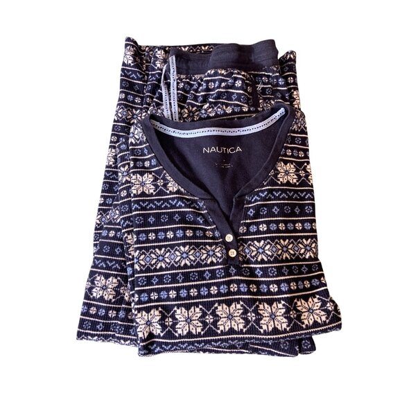 Nautica Womens L Pajama Set Navy White Winter Button Henley Top Drawstring Pants - Picture 1 of 11